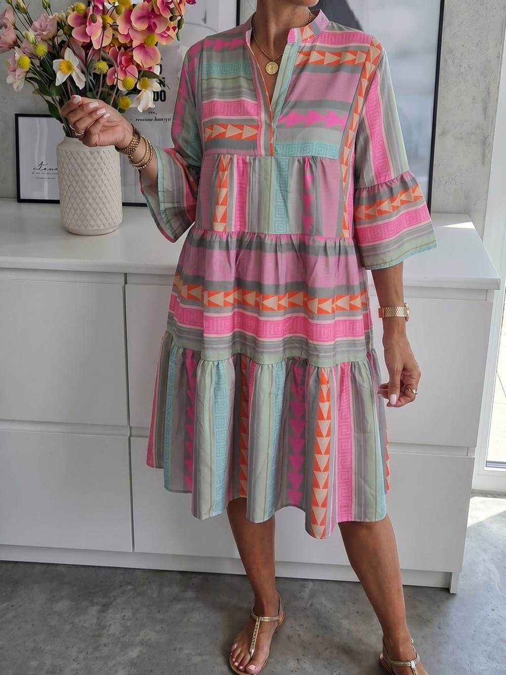 NWT A-Line Loose Contrast Color Printed Split-Joint V-Neck Mini Dresses medium